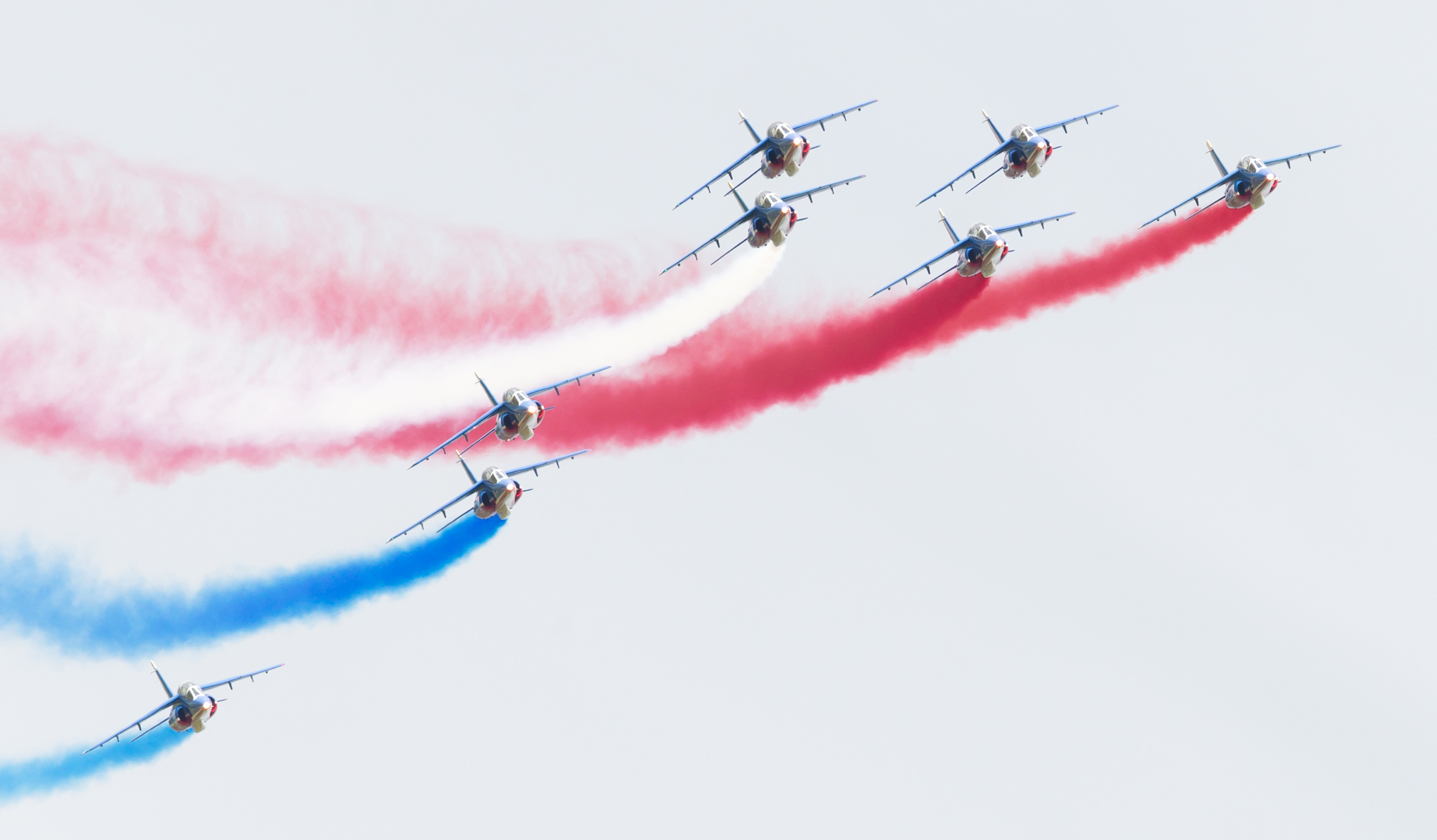 LEEUWARDEN THE NETHERLANDS-JUNE 11 2016: Pilots of Patrouille de France perform acrobatics at the Dutch Airshow on June 11 2016 at Leeuwarden Airfield The Netherlands.